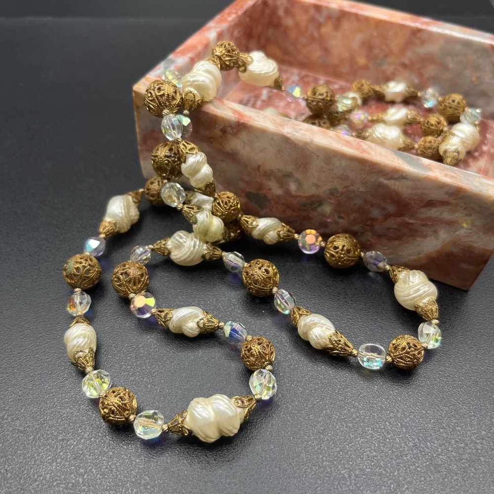 Vintage 42" Brass Filigree Faux Pearl & AB Glass Long Necklace